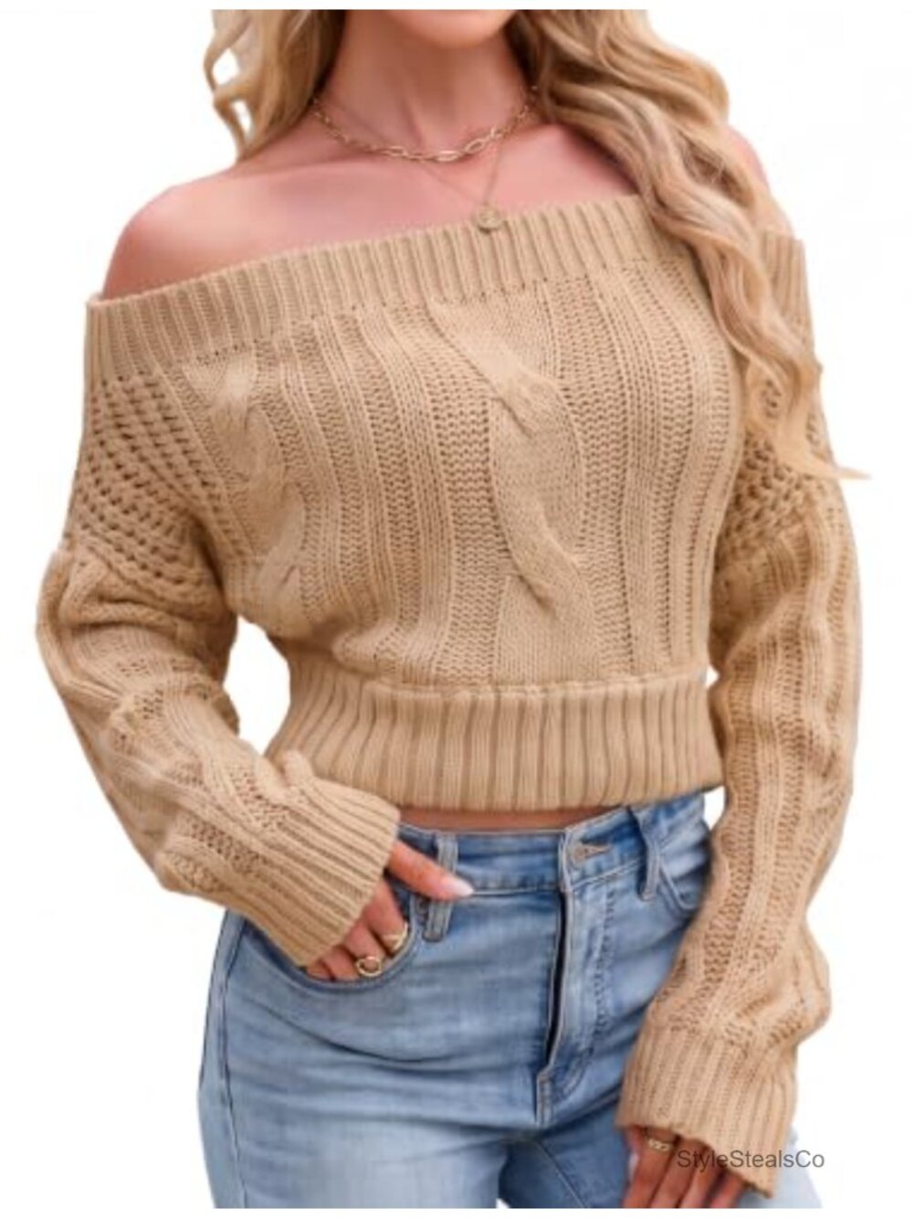 Off the Shoulder Sweater Cropped Cable Knit Pullover for Women